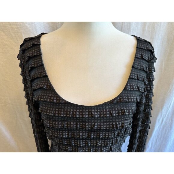 NANETTE LEPORE Dress Fifi Ruffled Polka Dot Black Gray Revolve Shift Sheath Sz 8 - Picture 4 of 13